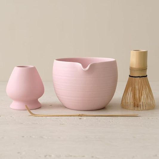 Matcha Whisk Set, Ceramic Matcha Bowl & Whisk Holder, Bamboo Accessory, Modern Design (Matte Crème, Pouring Spout) (Matte Soft Pink)