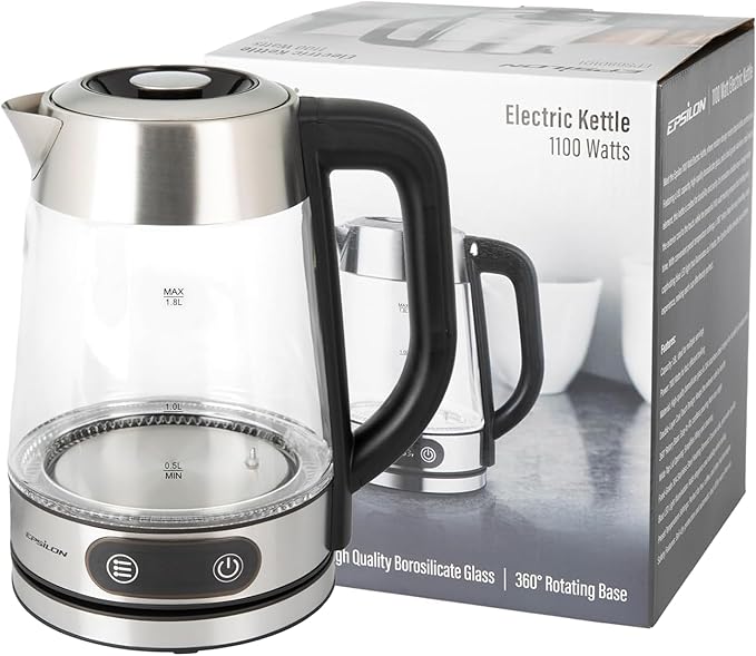 Epsilon 1.8L Glass Electric Kettle – Hot Water Tea Kettle with Borosilicate Glass & Stainless Steel, Auto Shut-Off, Fast Boil 1100W Electric Teapot, BPA-Free, Cool Touch Base