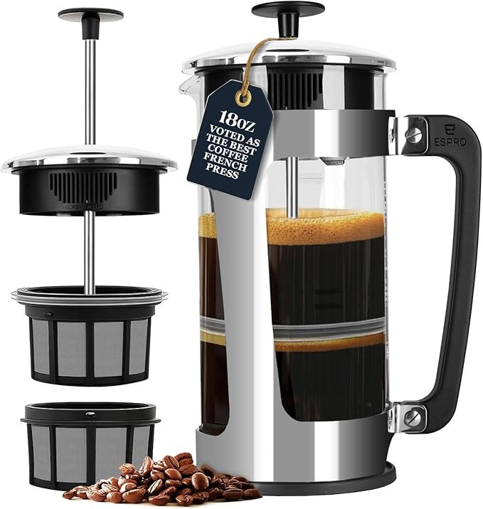 ESPRO P5 French Press Coffee Maker – Patented Double Micro-Filter for Grit Free Brew, Heat-Resistant Thicker Borosilicate Glass Coffee Press – 18 oz
