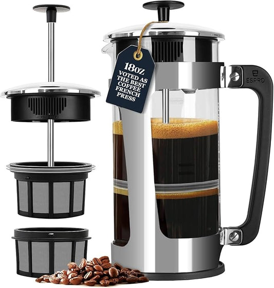 ESPRO P5 French Press Coffee Maker – Patented Double Micro-Filter for Grit Free Brew, Heat-Resistant Thicker Borosilicate Glass Coffee Press – 18 oz