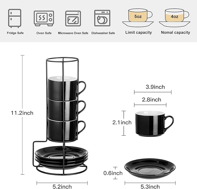4oz Porcelain Stackable Espresso Cups with Saucers and Metal Stand Set of 4, Stackable Espresso Cups Set of 4, Black Expresso Shots Cup Set for Coffee Drinks, Cappuccino Latte, Americano, Tea