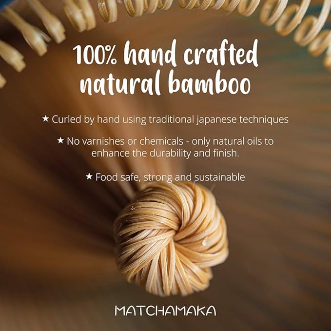 Matcha Whisk - Bamboo Whisk for Matcha Powder, MATCHAMAKA Handcrafted Organic Traditional Japanese Chasen, 80-Prong Matcha Stirrer Wisk Mixer Brush for Authentic Tea Preparation