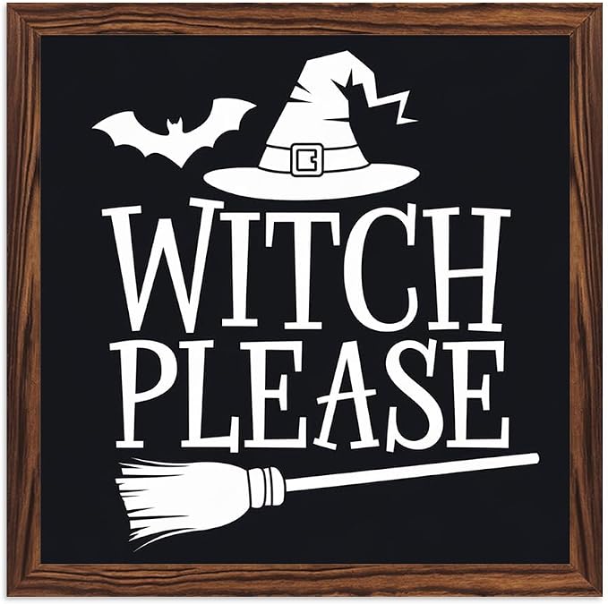 Vintage Witch Please Wooden Sign, With Frame Witch Broom, Bats Elements Decorative Sign for Bedroom, Kitchen, Cafe, Bar Wall Decor, Halloween Decor 7.87x7.87 Inch by Nwijvsn