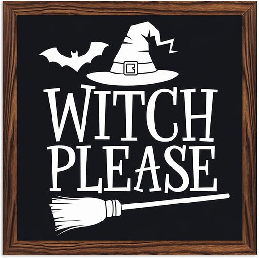Vintage Witch Please Wooden Sign, With Frame Witch Broom, Bats Elements Decorative Sign for Bedroom, Kitchen, Cafe, Bar Wall Decor, Halloween Decor 7.87x7.87 Inch by Nwijvsn
