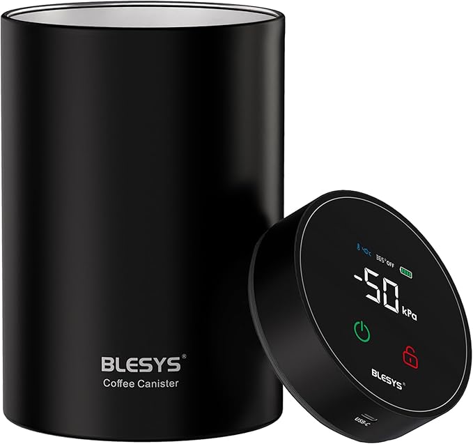 Smart Vacuum Coffee Canister, Automatic Stainless Steel Food Storage Container, LCD Monitoring, One-touch Freshness, Date Tracker, Extra-long Standby Time, Holds 20 oz Coffee Beans (Black, 1.8L)