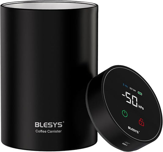 Smart Vacuum Coffee Canister, Automatic Stainless Steel Food Storage Container, LCD Monitoring, One-touch Freshness, Date Tracker, Extra-long Standby Time, Holds 20 oz Coffee Beans (Black, 1.8L)