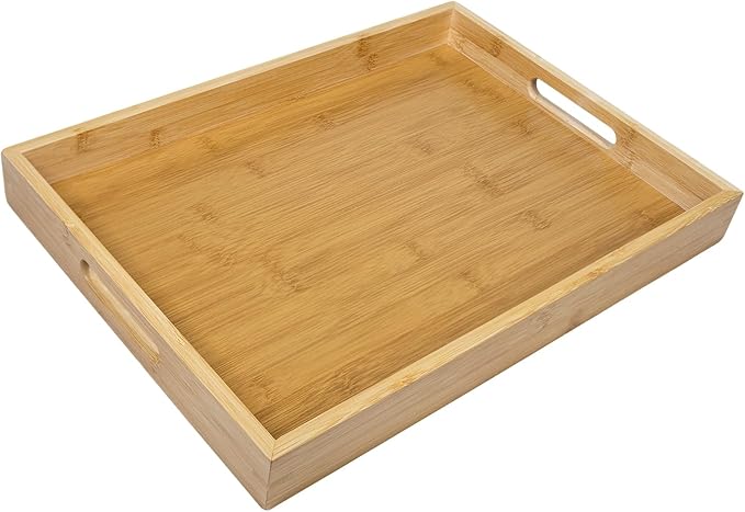 MAONAME Bamboo Serving Tray with Handles, Rectangular Decorative Tray for Coffee Table, Modern Ottoman Trays for Living Room, Kitchen, 15.8” x 11.4” x 1.8”