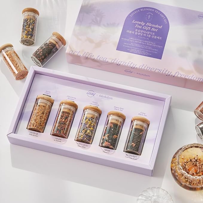 KKOKDAM Lovely Blending Tea Gift Set – Premium 5-Flavor Tea Sampler (3 Herbal & 2 Black Tea Blends) – Loose Leaf Tea Variety Pack in Glass Jars – Unique Korean Gift Box for Women, Mom & Tea Lovers
