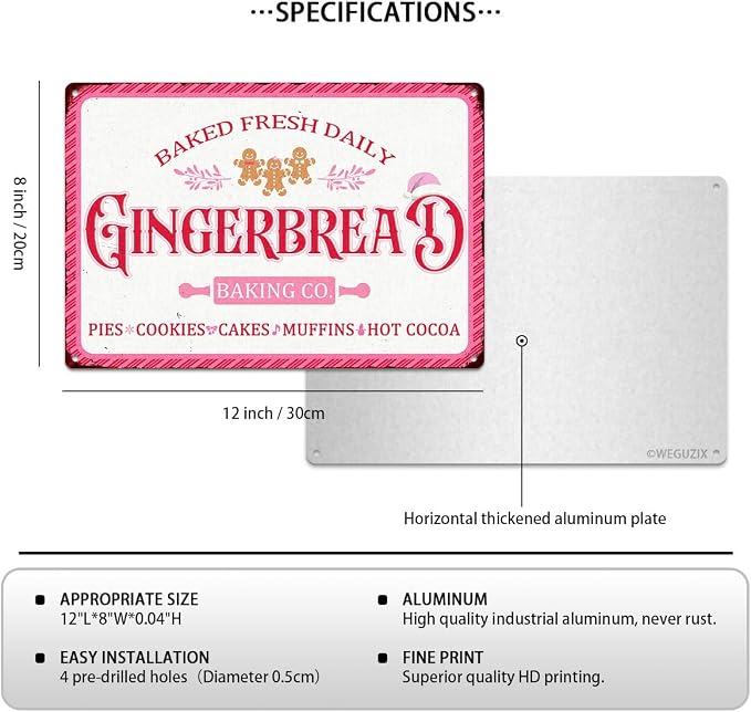Gingerbread Baking Co Christmas Metal Sign Pink Red Christmas Vintage Print Art Poster 12" x 8" Aluminium Hanging Plaque for Home Kitchen Bakery Patio Yard Cafe Coffee Bar Wall Decor - Image 2