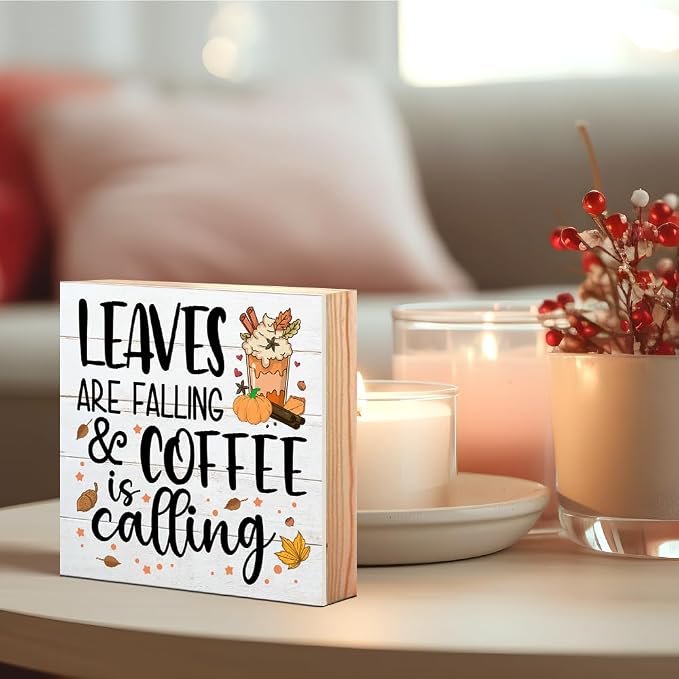 Leaves are Falling Coffee is Calling Wooden Box Sign, Fall Cafe Sign, Autumn Farmhouse Desk Decor, Fall Thanksgiving Gifts for Women Men Coffee Lovers Friends Sister Aunt BFF Coworkers - Image 3