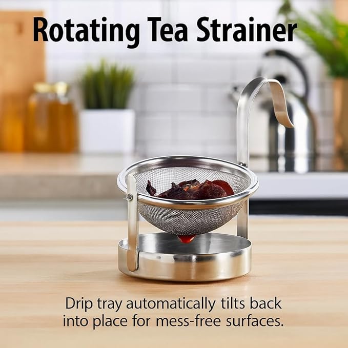 HIC Kitchen Tip Tea Strainer, 18/8 Stainless Steel, Loose Leaf Tea Filter With Drip Tray, Mess-Free Tea Serving