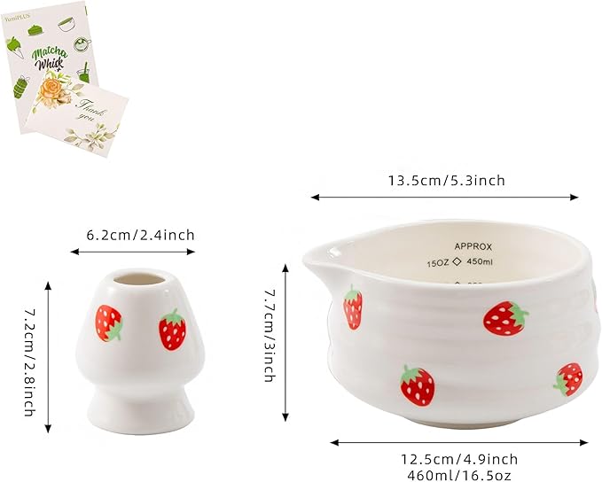 2pcs Matcha Bowl with Whisk Holder, Ceramic Matcha Bowl with Spout, 16.5OZ Porcelain Bowl with Measurement Marks, Tea Mixing Bowl with Whisk Stand, Matcha Gift Set (strawberry)