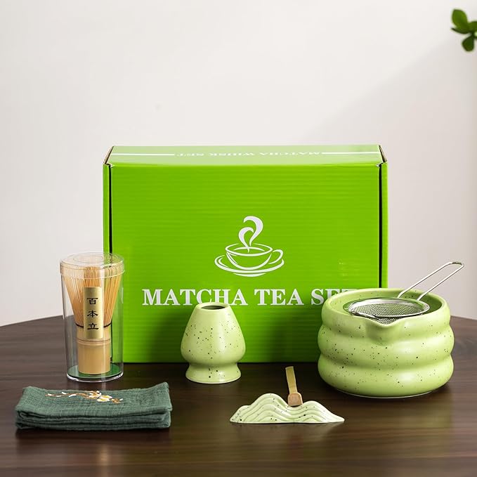 7Pcs Japanese Matcha Tea Set, Matcha Kit with Matcha Bowl (with Pouring Spout), Matcha Whisk, Whisk Holder, Strainer - Elegant Matcha Set for Gifting and Personal Use, Gift Box Packaging