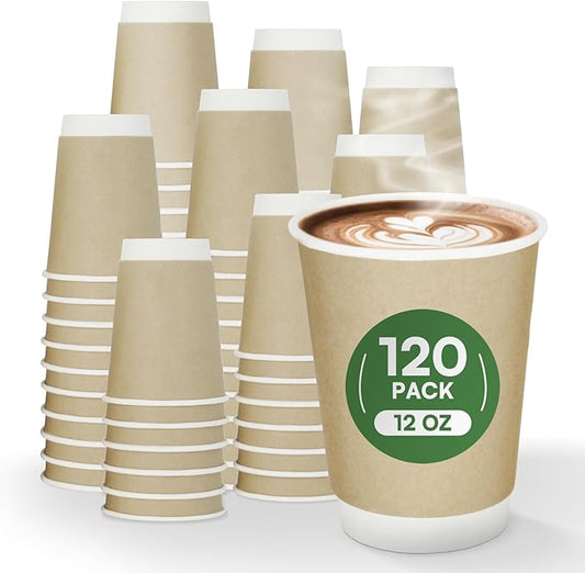 12 oz Compostable Coffee Cups 120 Pack, BPI Certified Double Wall Insulated Hot Cups, PLA Coated Natural Kraft Paper Cups for Office, Coffee Bar & Travel