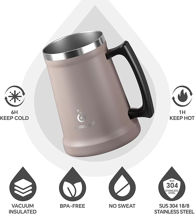 Ideus Insulated Beer Stein, 24/32oz Stainless Steel Double Walled Beer Mug Giant Bar Drinkware Metal Beer Cup with Big Grip Handle (Dusty Pink, 24 ounces (710ml))