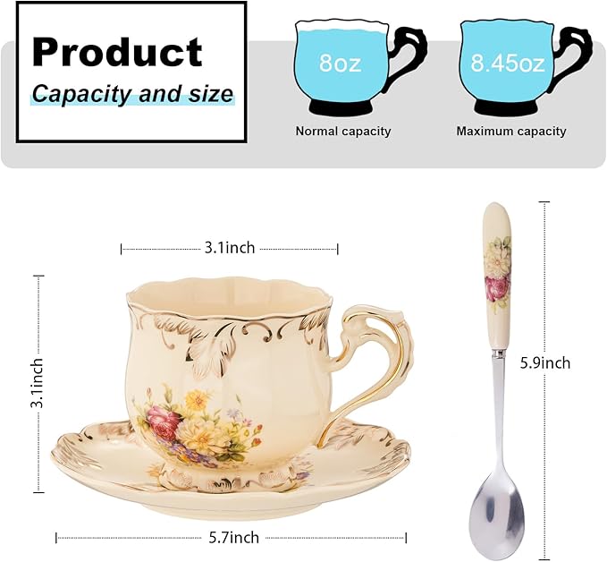 YOLIFE Tea Cups and Saucers Set of 2, Vintage Ceramic Tea Cups Set Floral with Gold Leaves Trim - 8 oz (Flower Shrubs with Gift Box(no stand))