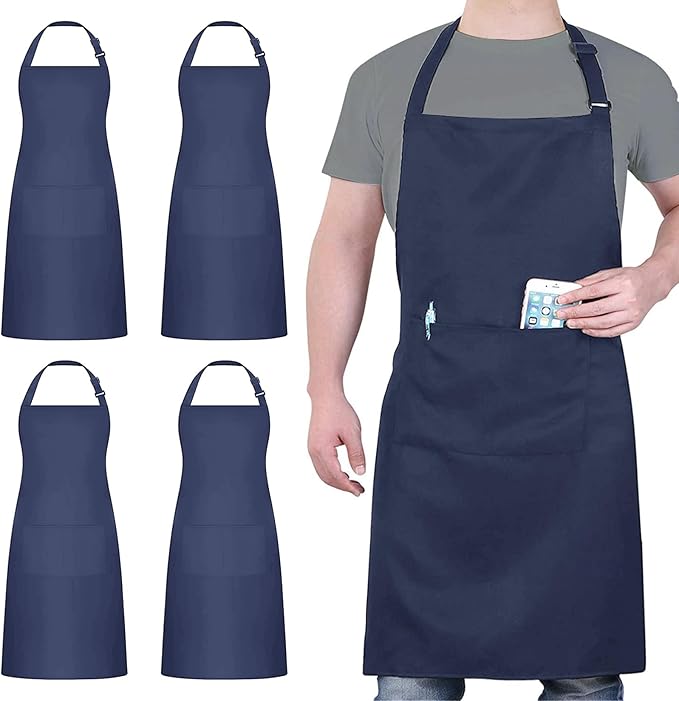 4 Pack Chef Apron, Waterproof Apron, Adjustable Apron with 2 Pockets for Men Women, Apron for Cooking Baking Restaurant (Polyester Blend, Navy Blue) by loteaf