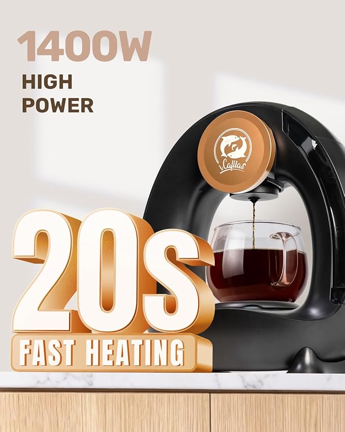 2-in-1 Coffee Maker, Fast Brew in 1.5mins, Single Serve Coffee Machine Compatible with K-Cup Pods & Ground Coffee, 1400W with 20s Preheat, Compact for Home,Small Place,Office & RV, 8oz,Black