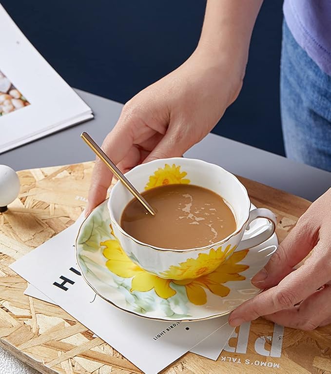 Ceramic Teacup Sunflower Vintage Chintz Porcelain Coffee Mug Tea Cup with Saucer,Set of 4