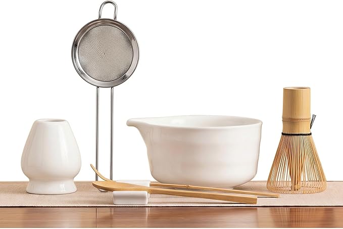 YOLIFE 7 Pcs Matcha Whisk Set, Includes Matcha Bowl with Spout, Bamboo Whisk (Chasen) with Ceramic Holder, Scoop and Powder Spoon, Sifter, Matcha Kit for Ceremony (White)