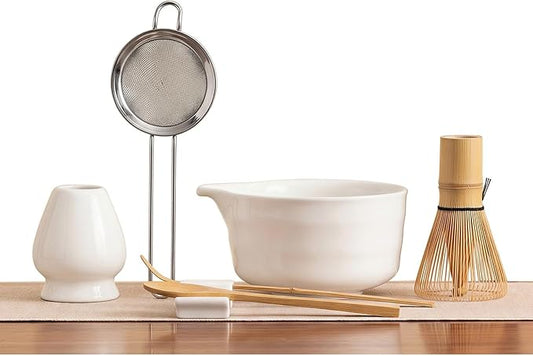 YOLIFE 7 Pcs Matcha Whisk Set, Includes Matcha Bowl with Spout, Bamboo Whisk (Chasen) with Ceramic Holder, Scoop and Powder Spoon, Sifter, Matcha Kit for Ceremony (White)
