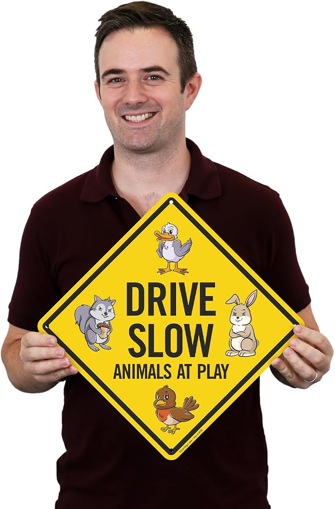 SmartSign Funny Drive Slow Animals At Play Sign - 10"x 10" Diamond-Shape Funny Animal Sign, 40 mil Laminated Rustproof Aluminum Metal, For Outdoor, Yard, Gifts, Café, Made in USA - Image 2