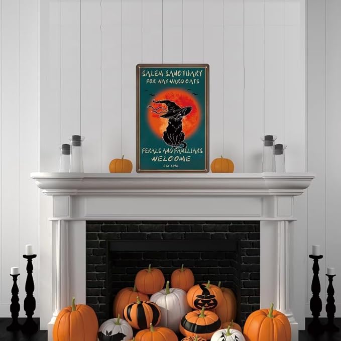 bivrten Vintage Halloween Decor Tin Sign Coffee Black Cat Metal Poster Salem Sanctuary For Wayward Cats Poster Goth Cat Poster Home Coffee Wall Art Decoration Decor Retro Metal Tin Sign 12x8 inch - Image 2