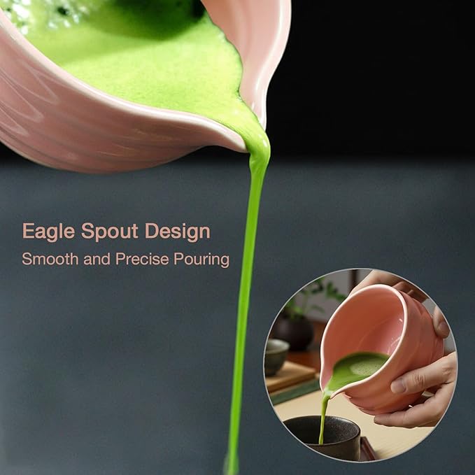 Ceramic Matcha Bowl with Spout 500ml / 17oz, Japanese Chawan for Whisking & Pouring, Handmade Matcha Tea Bowl for Green Tea Ceremony & Daily Use (Pink)