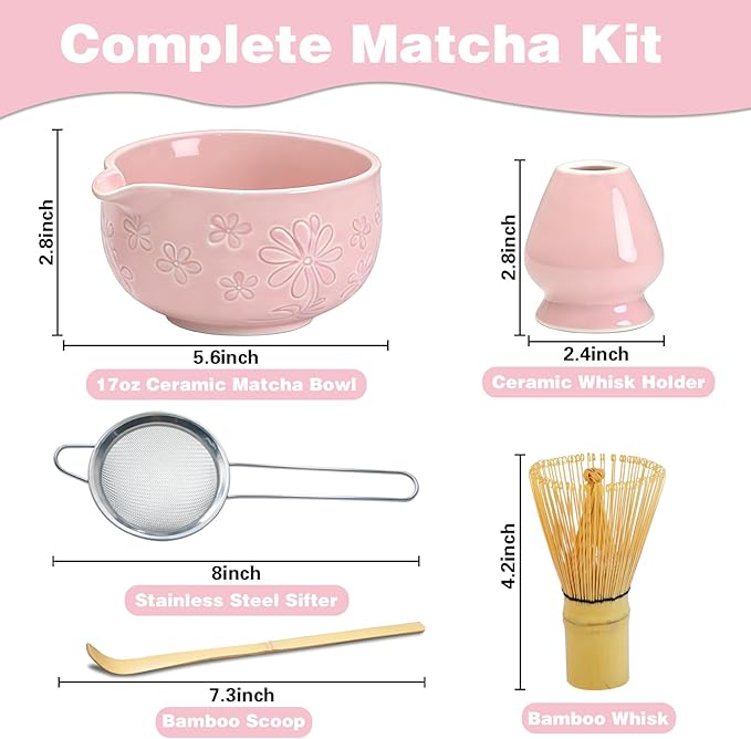 Matcha Whisk Set, Pink Ceramic Matcha Making Kit with Traditional Bamboo Whisk, Matcha Bowl, Scoop, Sifter and Stand, Authentic Japanese Style Matcha Set for Perfect Homemade Matcha Tea