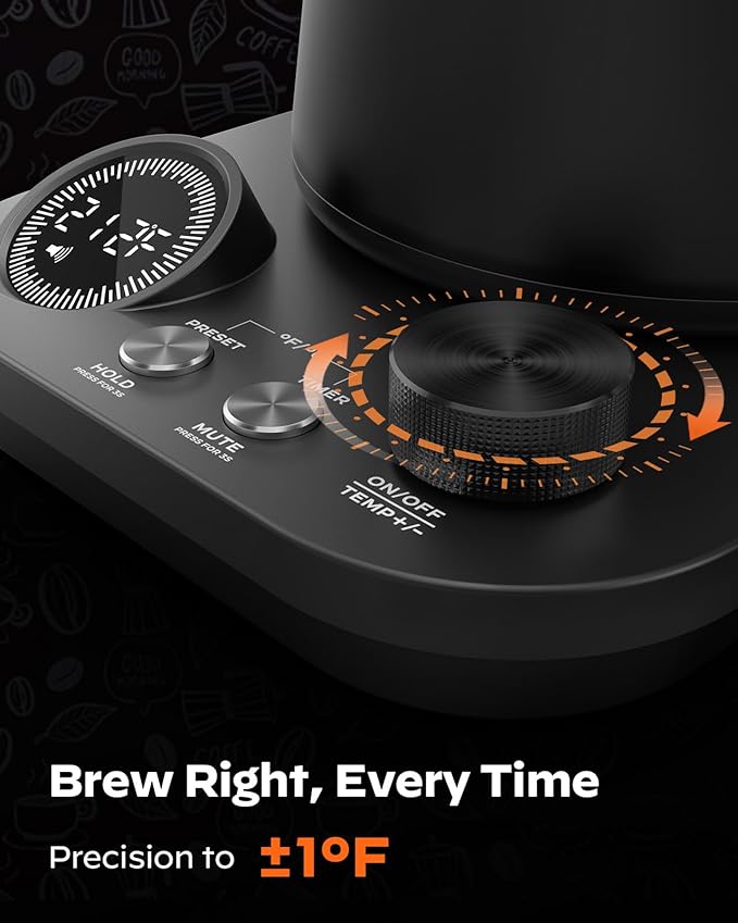 Silonn Electric Gooseneck Kettle - ±1°F Precise Temp Control, 0.9L 304 Stainless Steel | 4-Hour 100°C Keep Warm, 7 Presets & LED Brew Timer for Pour-Over Coffee