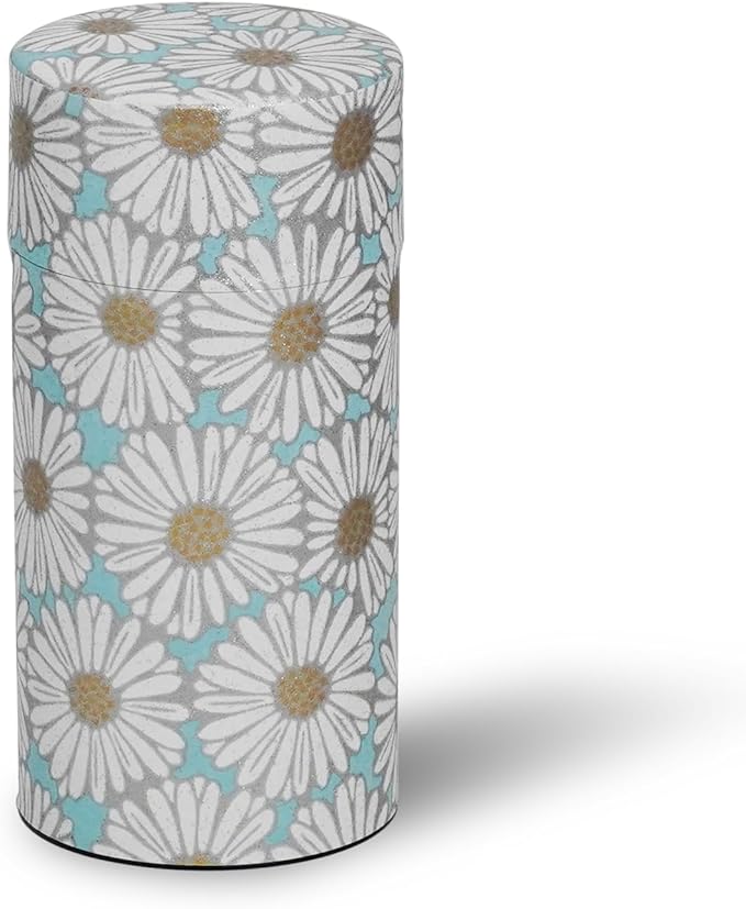 Kyoto Floral Tin Tea Canister - 7 oz Traditional Japanese Yuzen Paper Design, Airtight Storage for Fresh Tea Leaves, Ideal for Tea Ceremony Accessories Collection (Light Blue)