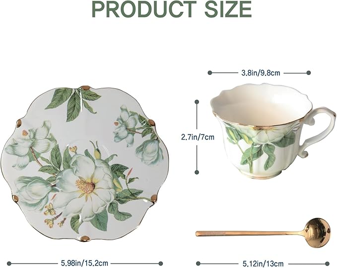 Vintage Floral Porcelain Tea Cup and Saucer Set with Spoon, Gold Trim, 6.4 oz – Set of 1, Green – Tea & Espresso & Coffee Cups (1, White Camellia)