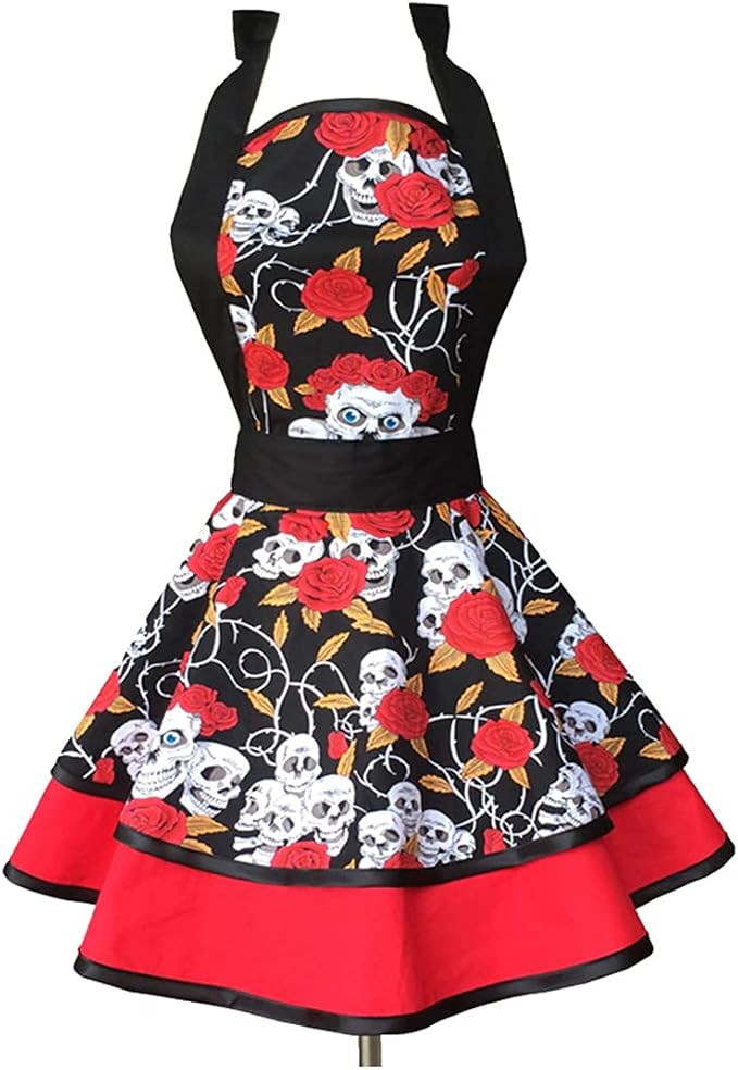 Hyzrz Halloween Costume Skull Skeleton Bones Featured Retro Aprons for Women Girls Cake Kitchen Cook Apron (Skull head) by Hyzrz