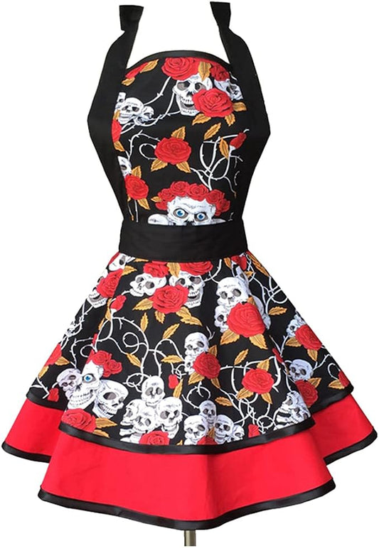 Hyzrz Halloween Costume Skull Skeleton Bones Featured Retro Aprons for Women Girls Cake Kitchen Cook Apron (Skull head) by Hyzrz