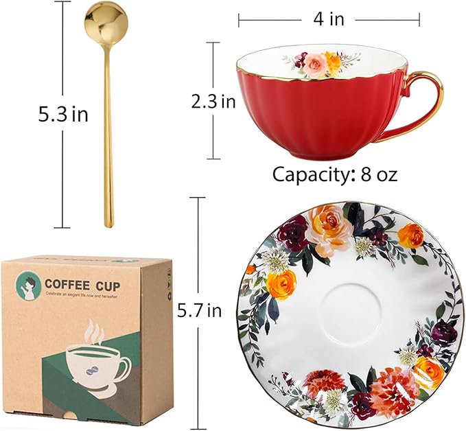 ONEUSTAR Tea Cup and Saucer Set for 1 Bone China Floral Teacup with Spoon 8 oz Coffee Cup Cappuccino Latte Mug for Women Birthday Christmas Gift, Red