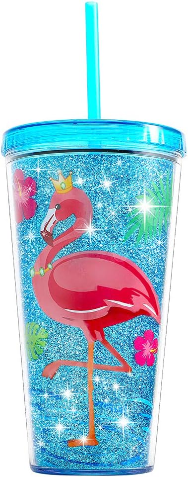 Cute Glitter Tumbler Cups with Lid and Straw, Double Wall Insulated Acrylic Cup, 22 oz / 650ml (Flamingo)