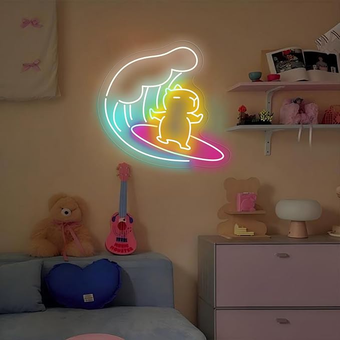 Capybara Surfing Neon Sign for wall decor Capybara Led Neon Sign Cute Animal with Surfing Neon Light for Children's Room Party Decor Birthday Gifts (14.2in*13.6in) - Image 3