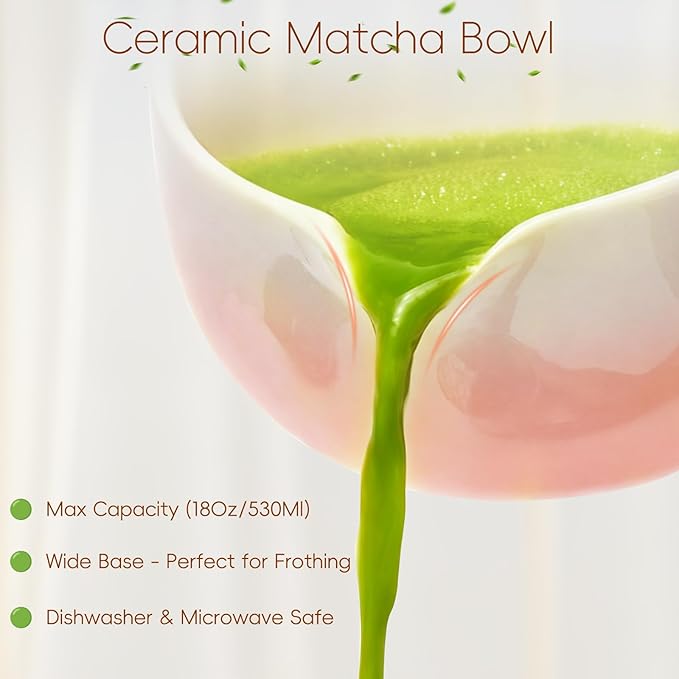 Matcha Whisk Set, Ceramic Matcha Set Includes Bowl & Holder, Bamboo Whisk (Chasen), Scoop, Spoon and Sifter, 6PCS Matcha Kit Covers Everything Needed for Making Matcha (Pink)