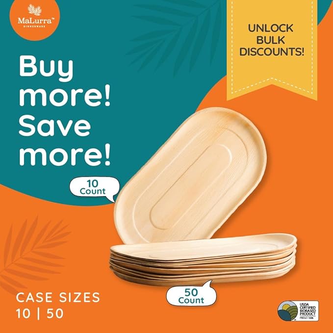 22"x12" Oval Tray - 50 PCs Disposable Serving Palm Platters Like Bamboo Charcuterie Tray | Biodegradable | Disposable | Eco-Friendly, Heavy Duty, Bulk | For Parties, Weddings, BBQs & Catering