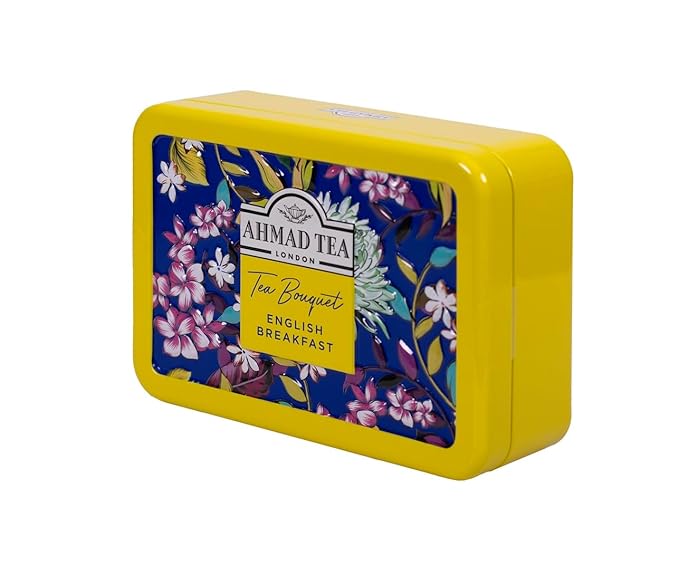 Ahmad Tea Floral Tea Tin Gift, Yellow Caddy, English Breakfast, 10 Tea Bags