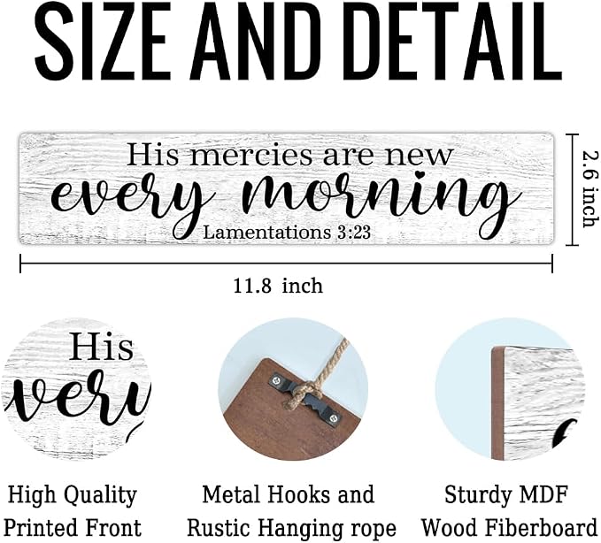 AGMDESIGN His Mercies Are New Every Morning Bible Verse Wood Sign, Christian Wall Art Decor for Shelf Desk Door, Wooden Hanging Plaque for Home Bedrrom Church Farmhouse, Christians' Gifts for Baptism - Image 2
