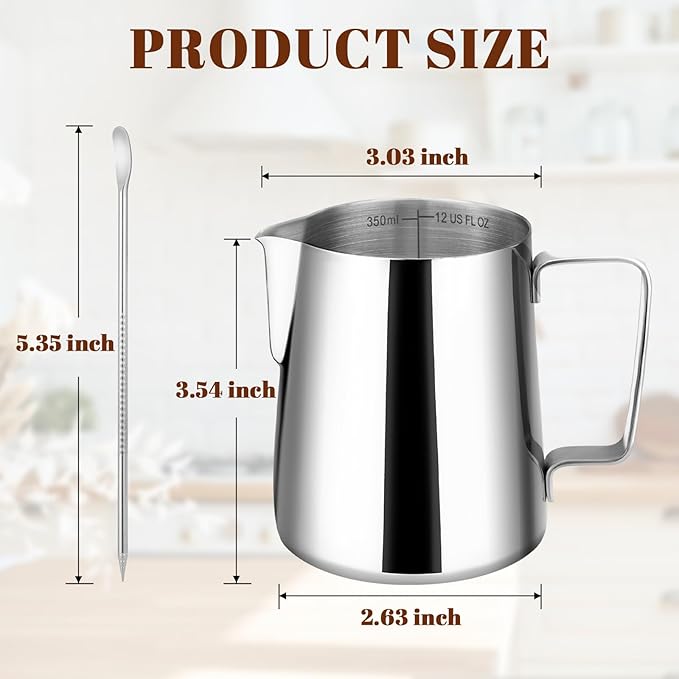 Milk Frothing Pitcher, 12oz Milk Frother Cup with Clear Scale, 304 Stainless Steel Cappuccino Espresso Machine Accessories for Barista Coffee Bar with Latte Art Pen, Silver