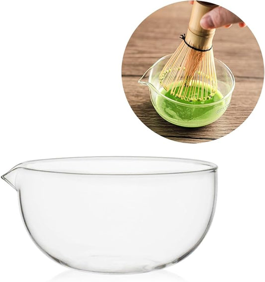 Glass Matcha Bowl With Pouring Spout, Ceremonial Mixing Chawan, 4.5 in, Clear Japanese Style Matcha Green Tea Cup, Hammer Spouted Matcha Mixer，Matcha Bowls，Glass, transparent, no lines (370ML)