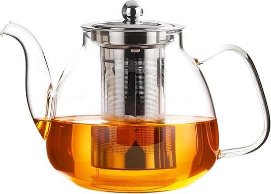 PARACITY Glass Teapot Stovetop 40 OZ/1200ml, Tea pot with Removable 18/8 Stainless Steel Infuser, Borosilicate Clear Tea Kettle, Teapot Blooming and Loose Leaf Tea Maker Tea Brewer for Camping