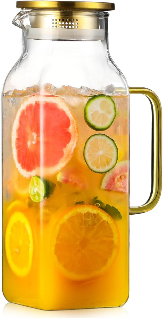 2 Quart (2 Liter 68 oz) Square Glass Pitcher with Lid and Spout, Water Pitchers with Handle for Fridge, Borosilicate Glass Carafe for Hot/Cold Drink, Large Jug for Iced Tea, Coffee, Beverage, Cold
