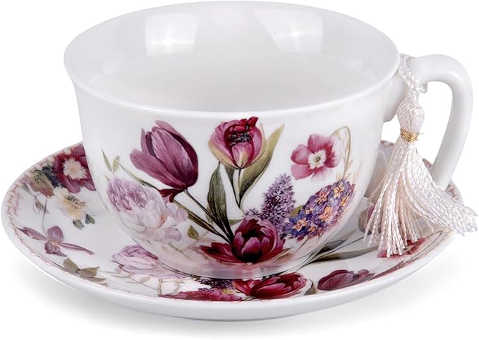 STP GOODS Bone China Tea/Coffee Cup and Saucer in Gift Box Fine Bone China Coffee Cup with Saucer Tea Cup and Saucer Set of One (Flowers 300ml)
