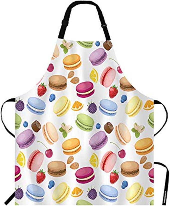 WONDERTIFY Macarons Apron,Colorful Macarons Cake and Various Fruits Bib Apron with Adjustable Neck for Men Women,Suitable for Home Kitchen Cooking Waitress Chef Grill Bistro Baking BBQ Cobbler Apron