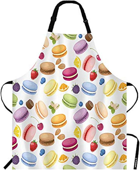 WONDERTIFY Macarons Apron,Colorful Macarons Cake and Various Fruits Bib Apron with Adjustable Neck for Men Women,Suitable for Home Kitchen Cooking Waitress Chef Grill Bistro Baking BBQ Cobbler Apron