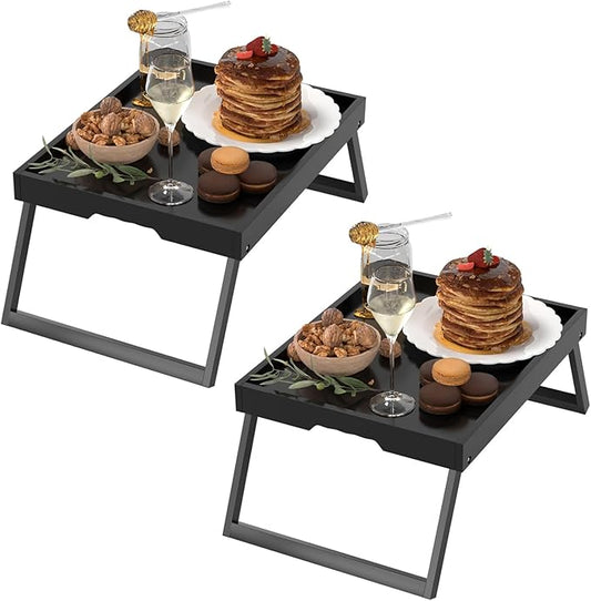 2 Pack Bed Tray Table with Foldable Legs, Bamboo Breakfast Tray for Sofa, Beds, Eating, Working, TV Table, Food, Dinner, Computer Trays, Laptop Desk Snack Folding Trays in Bed, Black
