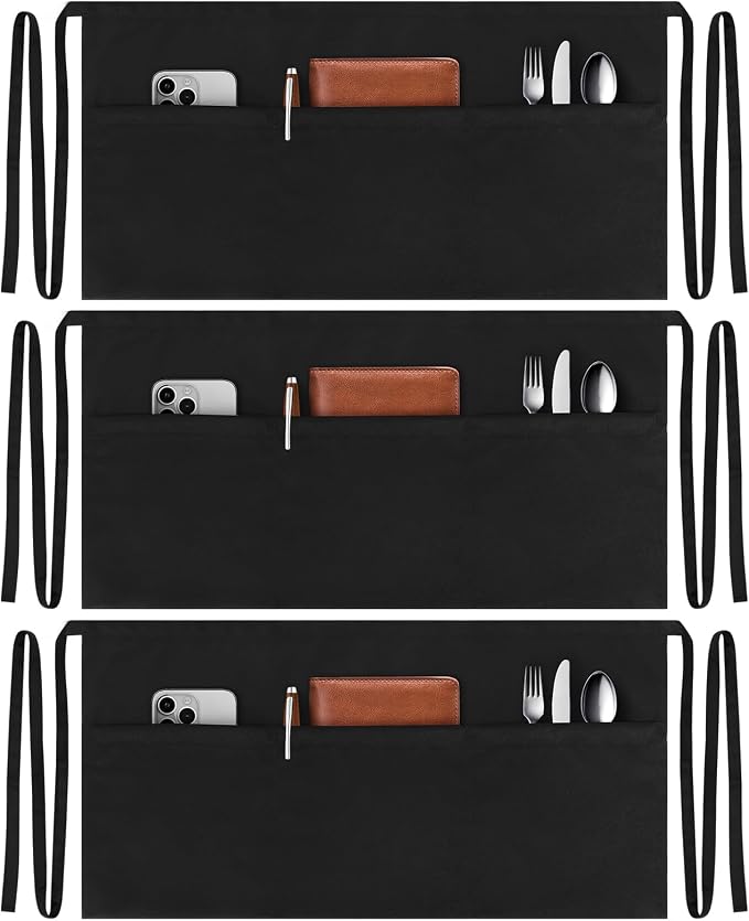 NLUS 3 Pack Server Aprons with 3 Pockets, Water Oil Stain Resistant Waitress Waiter Apron Black Waist Aprons Bistro Apron for Women Men, 24 X 12 inch by NLUS